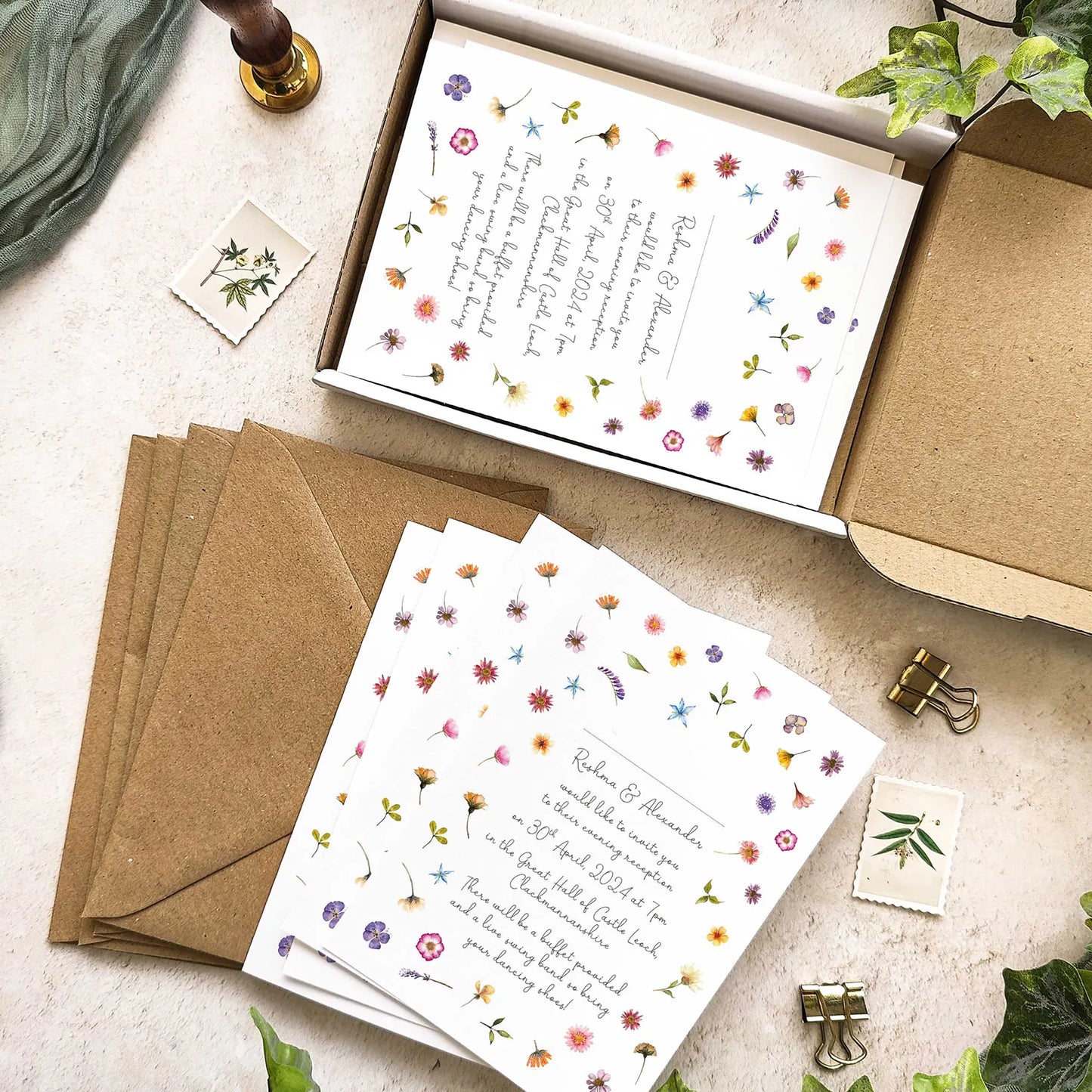 Pressed Wildflowers Landscape Evening Wedding Invitation