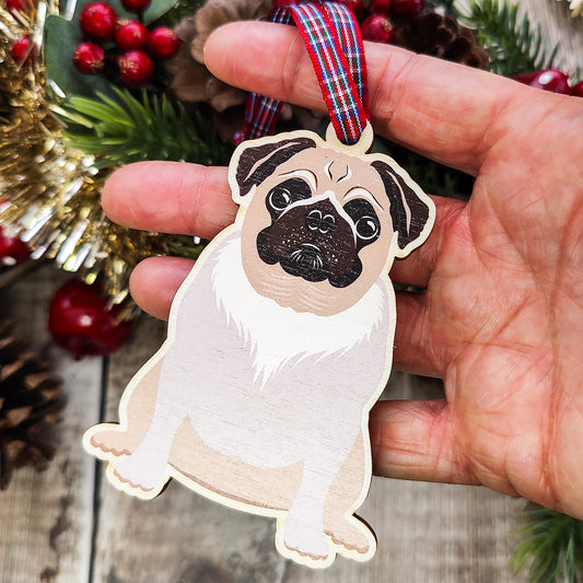 Pug Dog Hanging Wooden Christmas Tree Ornament