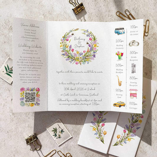 Wedding invitation card with spring flowers design and event details on a textured surface.