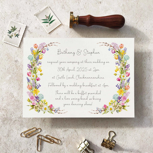 Wedding invitation card with floral design on a textured surface with stationery items.