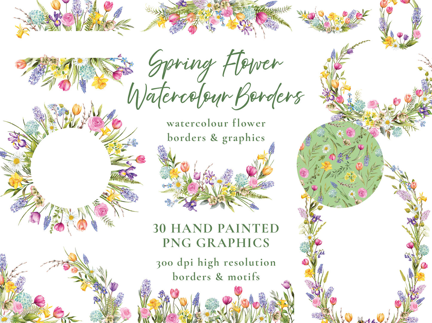 Spring Flowers 30 x Digital PNG Floral Borders and Motifs