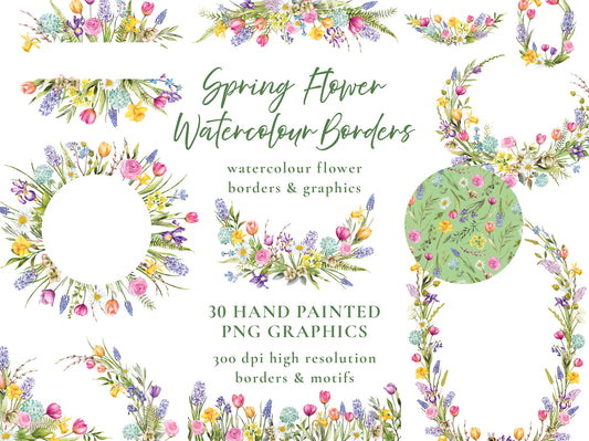 Spring Flowers 30 x Digital PNG Floral Borders and Motifs
