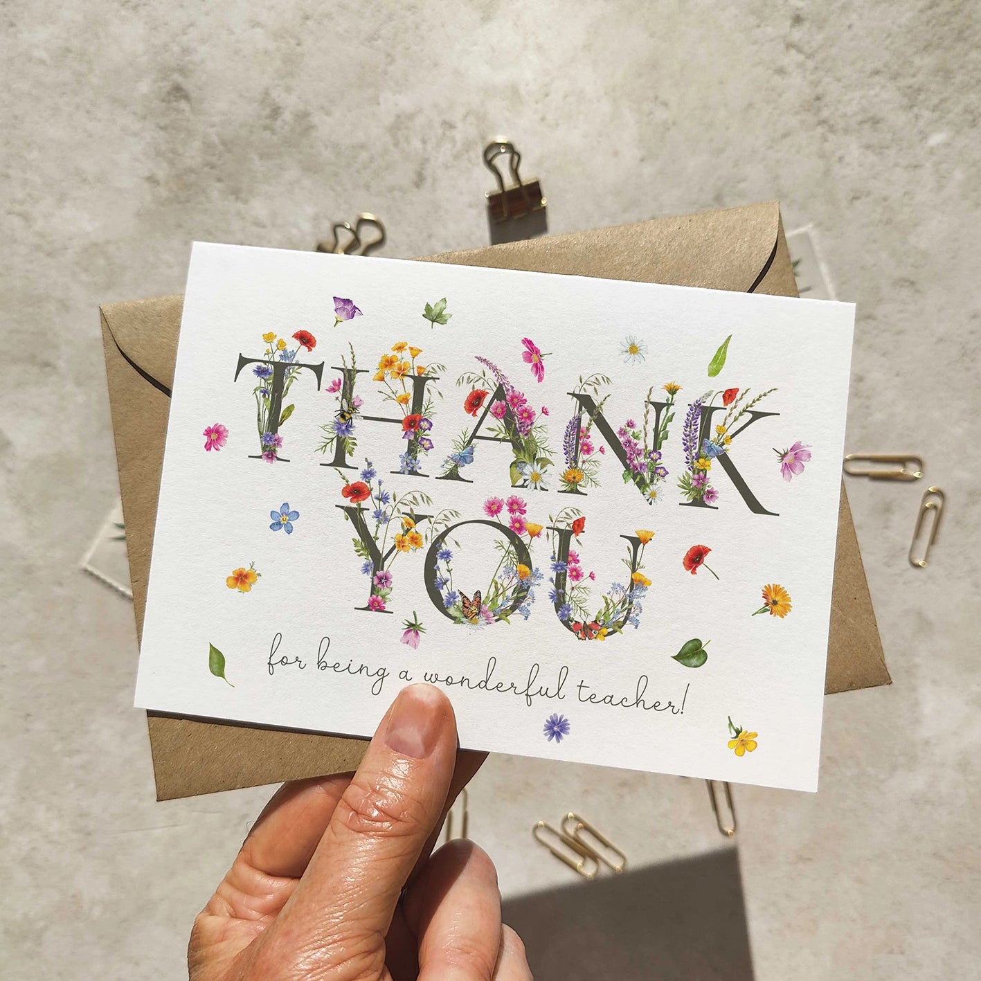 Wildflower Letters Thank You Teacher Card and Envelope