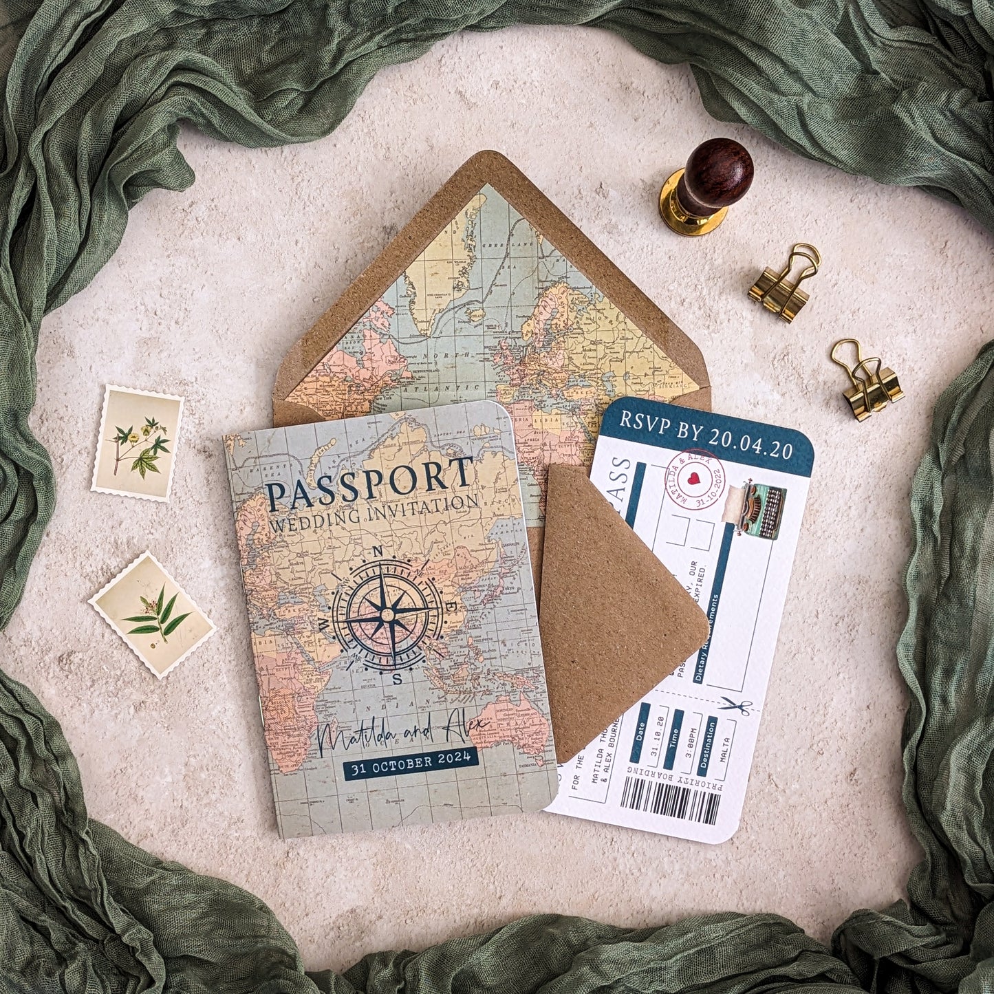 Vintage Travel Folded A6 Passport Invitation