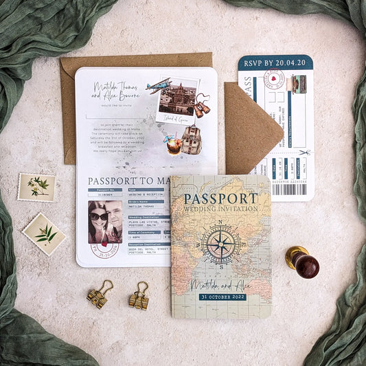 Vintage Travel Folded A6 Passport Invitation