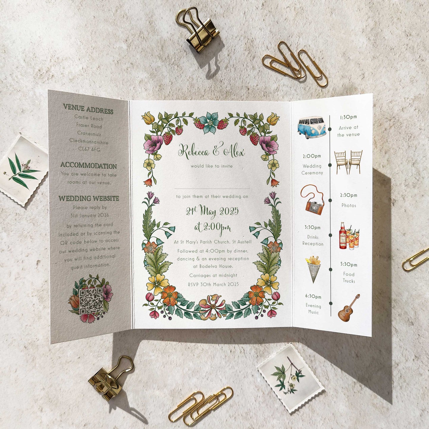 Vintage Retro Floral Gatefolded A6 Wedding Invitation