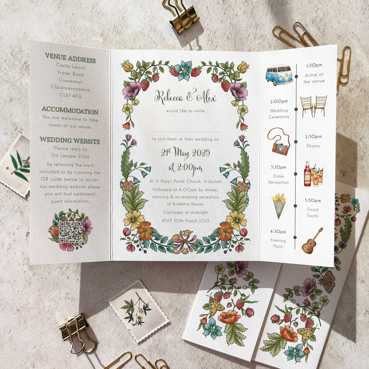 Vintage Retro Floral Gatefolded A6 Wedding Invitation