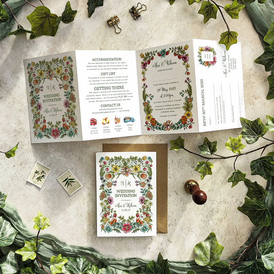 Folk Florals Landscape Concertina Wedding Invitation