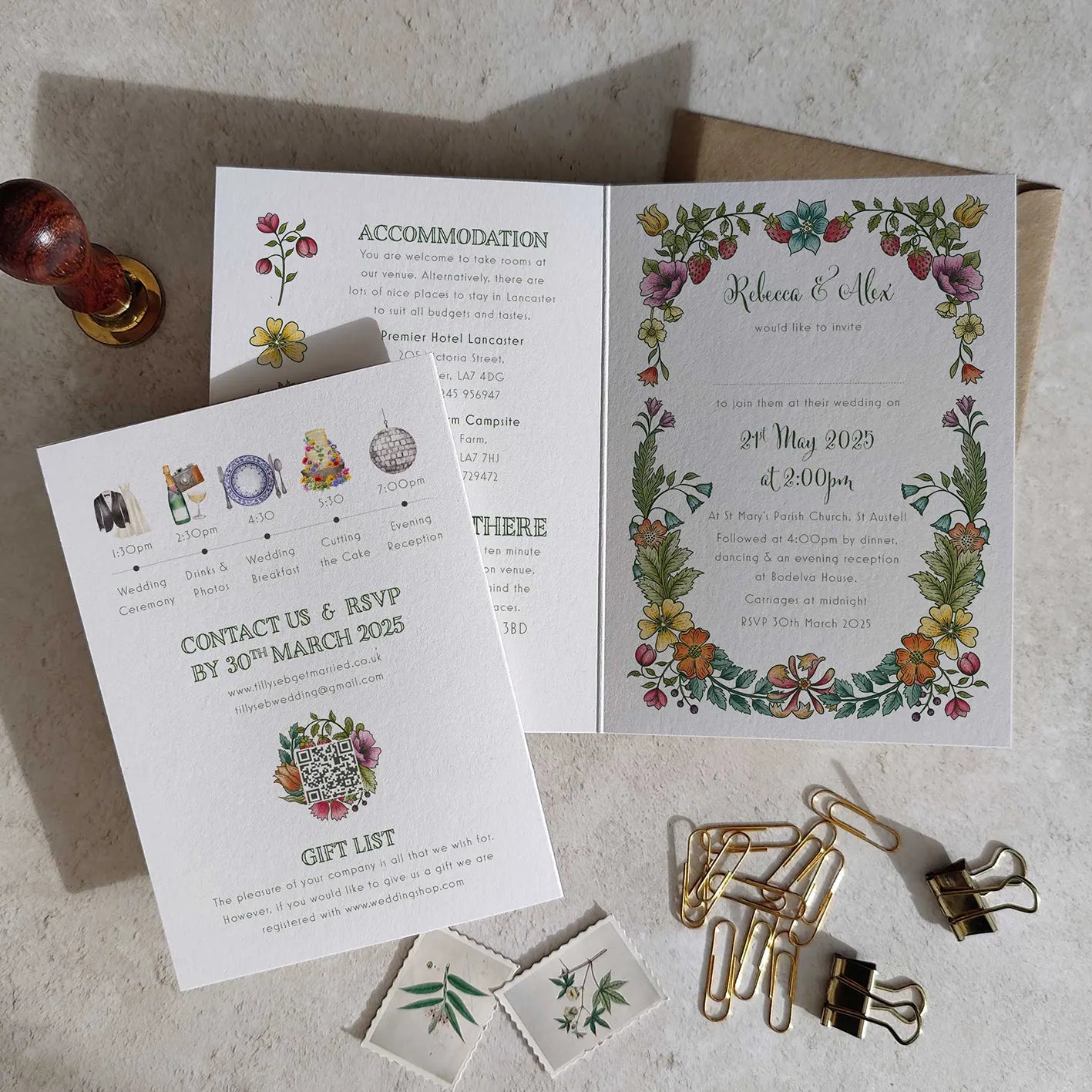 Vintage Retro Floral Folded A6 Wedding Invitation