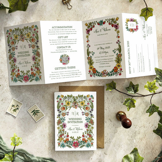 Folk Florals Landscape Concertina Wedding Invitation