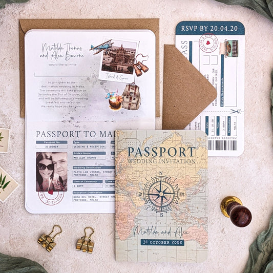 Vintage Travel Folded A6 Passport Invitation