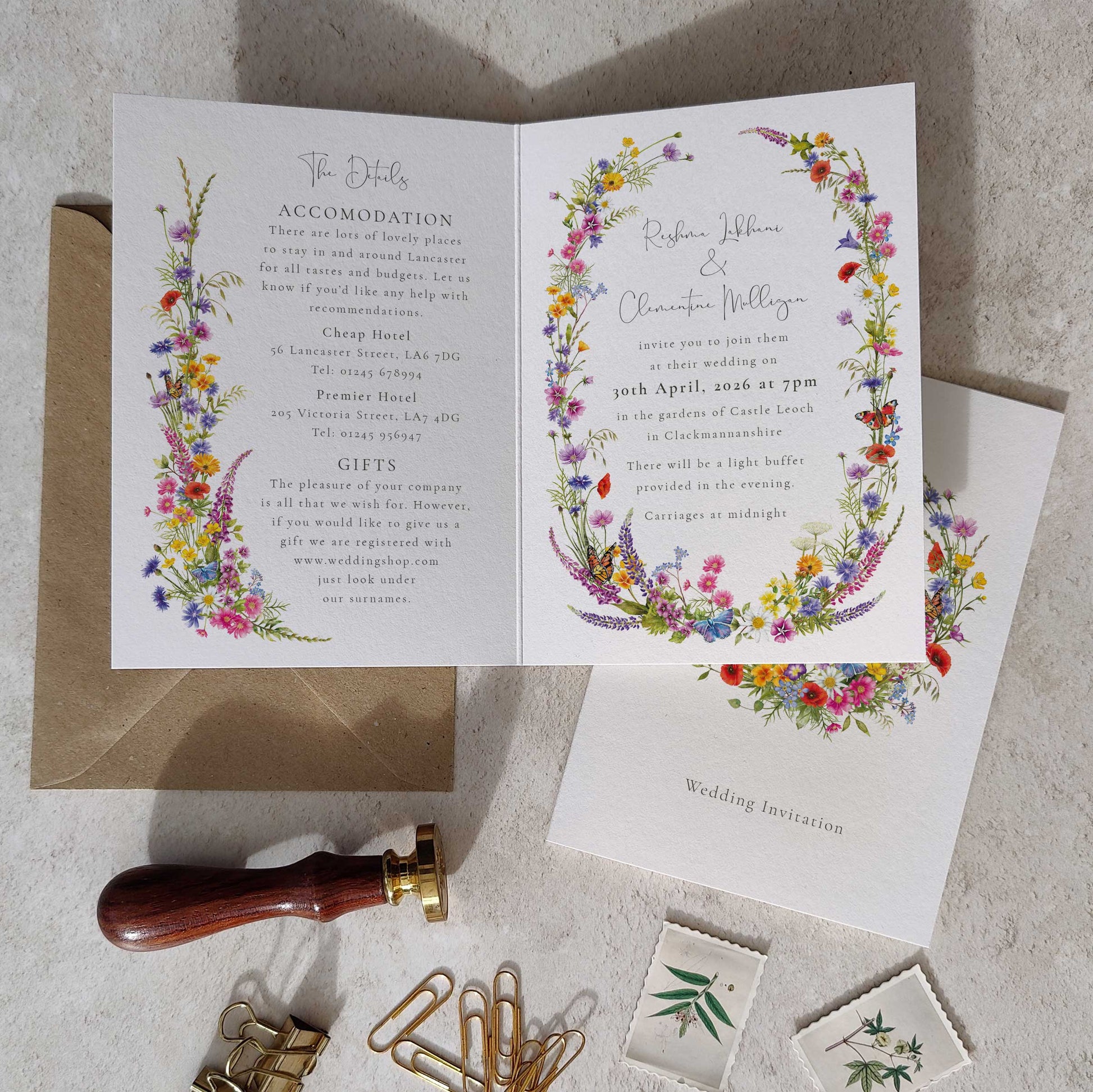 Wildflower folded wedding invitation with details and wedding timeline 