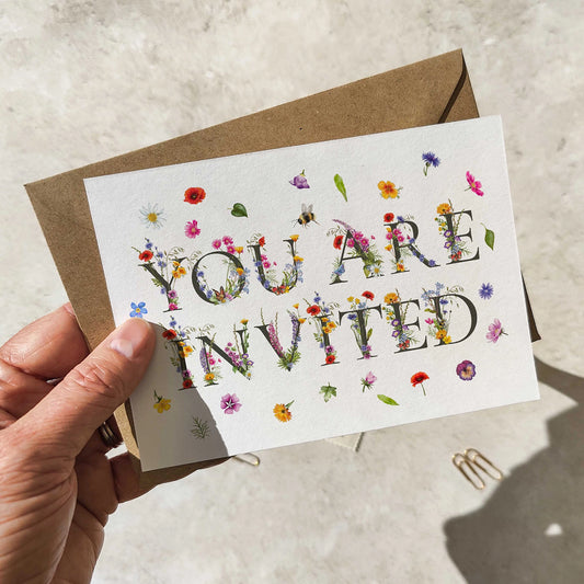 Hand holding a card with 'YOU ARE INVITED' text surrounded by floral designs on a neutral background.