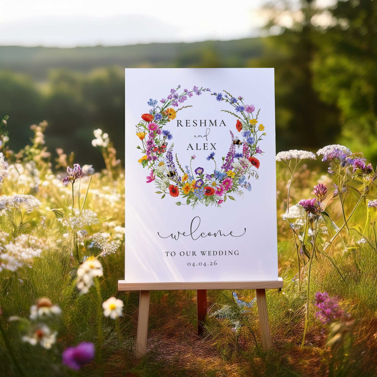 Wildflower Meadow Wreath Welcome Sign