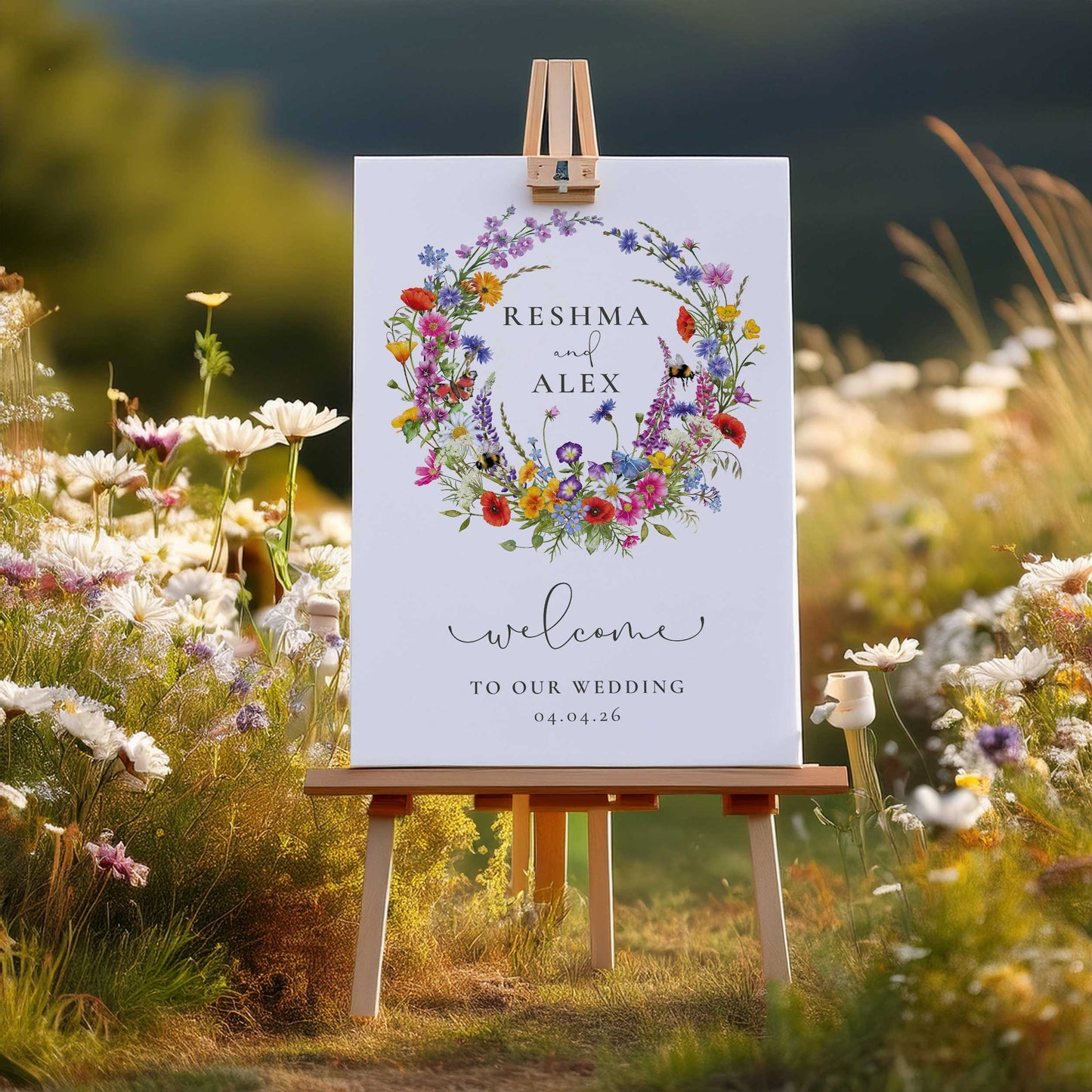 Wildflower Meadow Wreath Welcome Sign