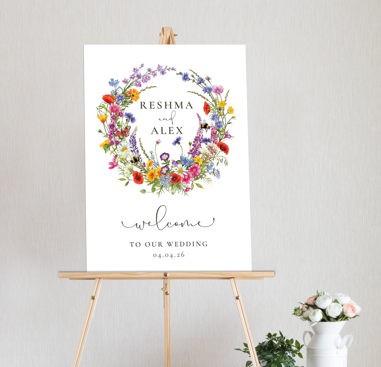 Wildflower Meadow Wreath Welcome Sign