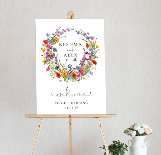 Wildflower Meadow Wreath Welcome Sign