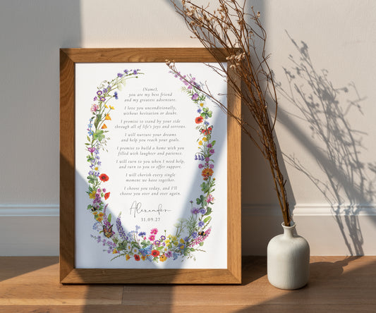 A4 Wildflower Wedding Vows Oval Print