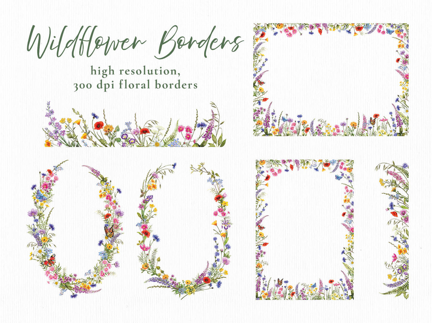 Watercolour Wildflowers 21 x Digital PNG Floral Borders and Motifs