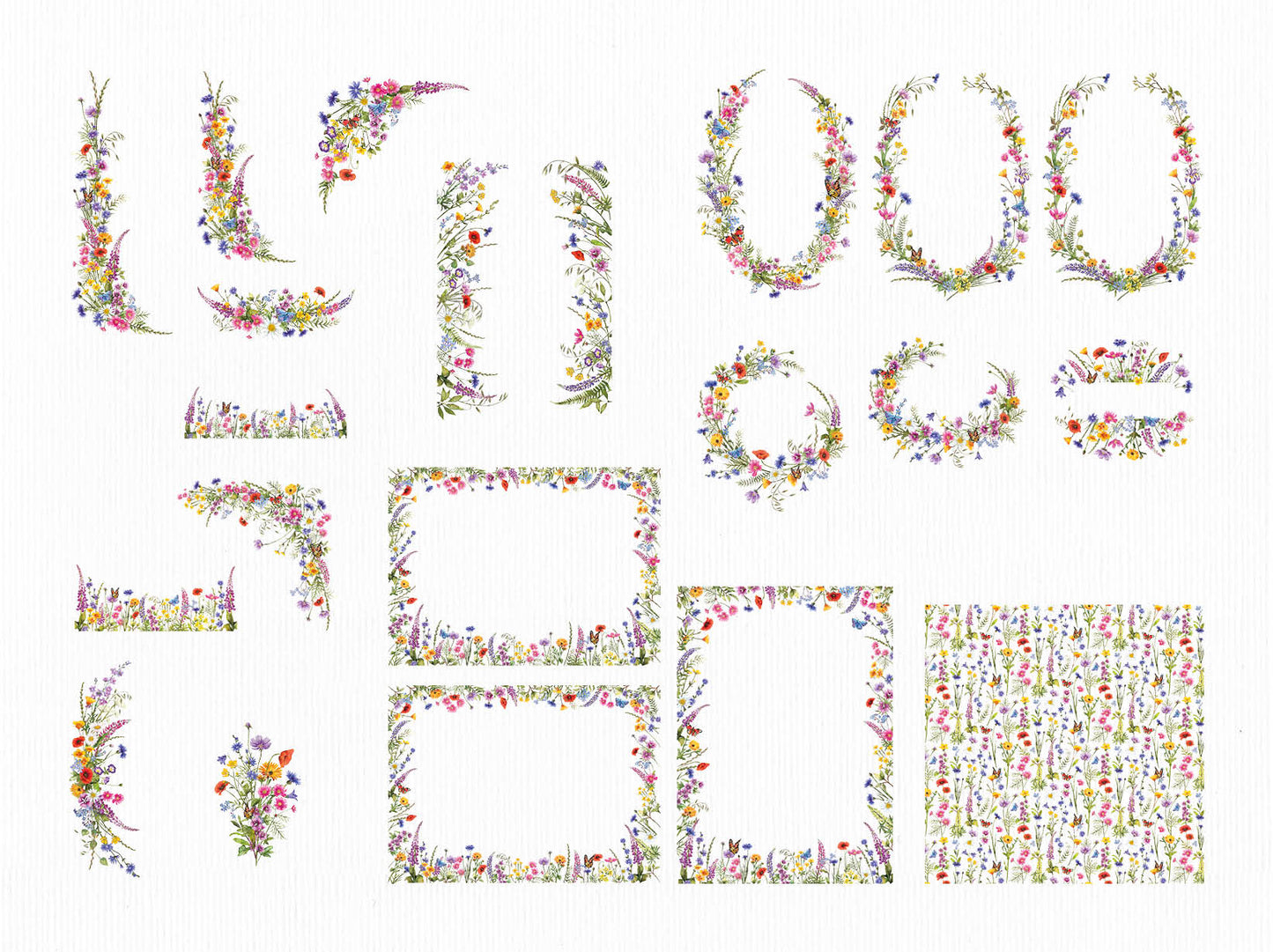 Watercolour Wildflowers 21 x Digital PNG Floral Borders and Motifs