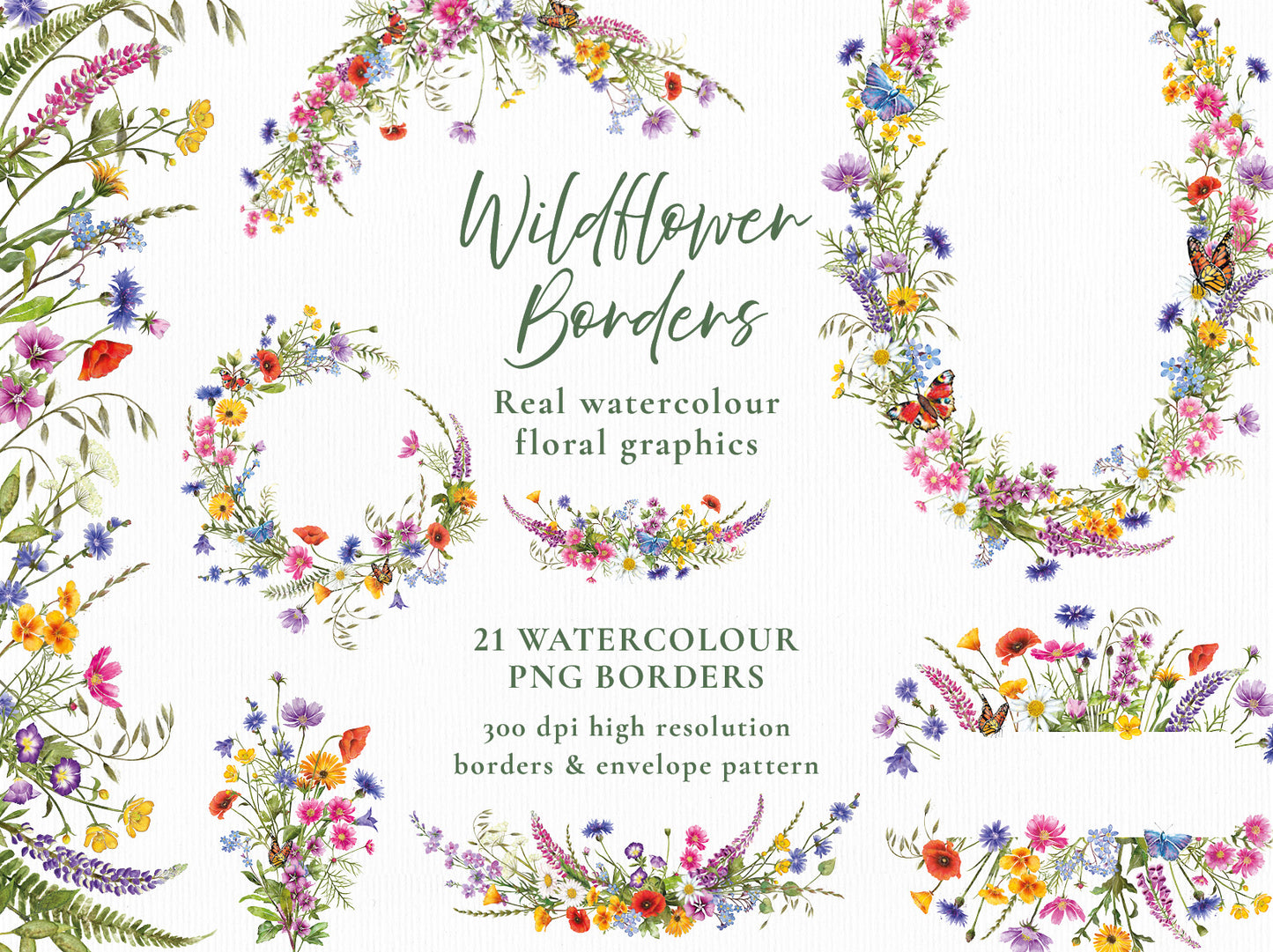 Watercolour Wildflowers 21 x Digital PNG Floral Borders and Motifs