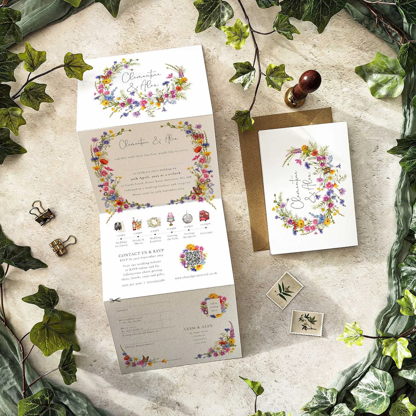 Folded wedding invitation with colourful watercolour wildflower paintings and an illustrated wedding timeline and a cut off RSVP card. This design is fully personalised and comes with envelopes. 