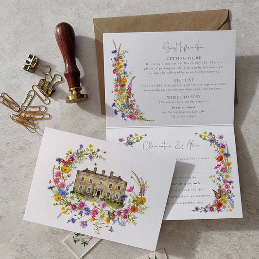 Wildflower Wedding Folded Invitation With Optional Venue Painting