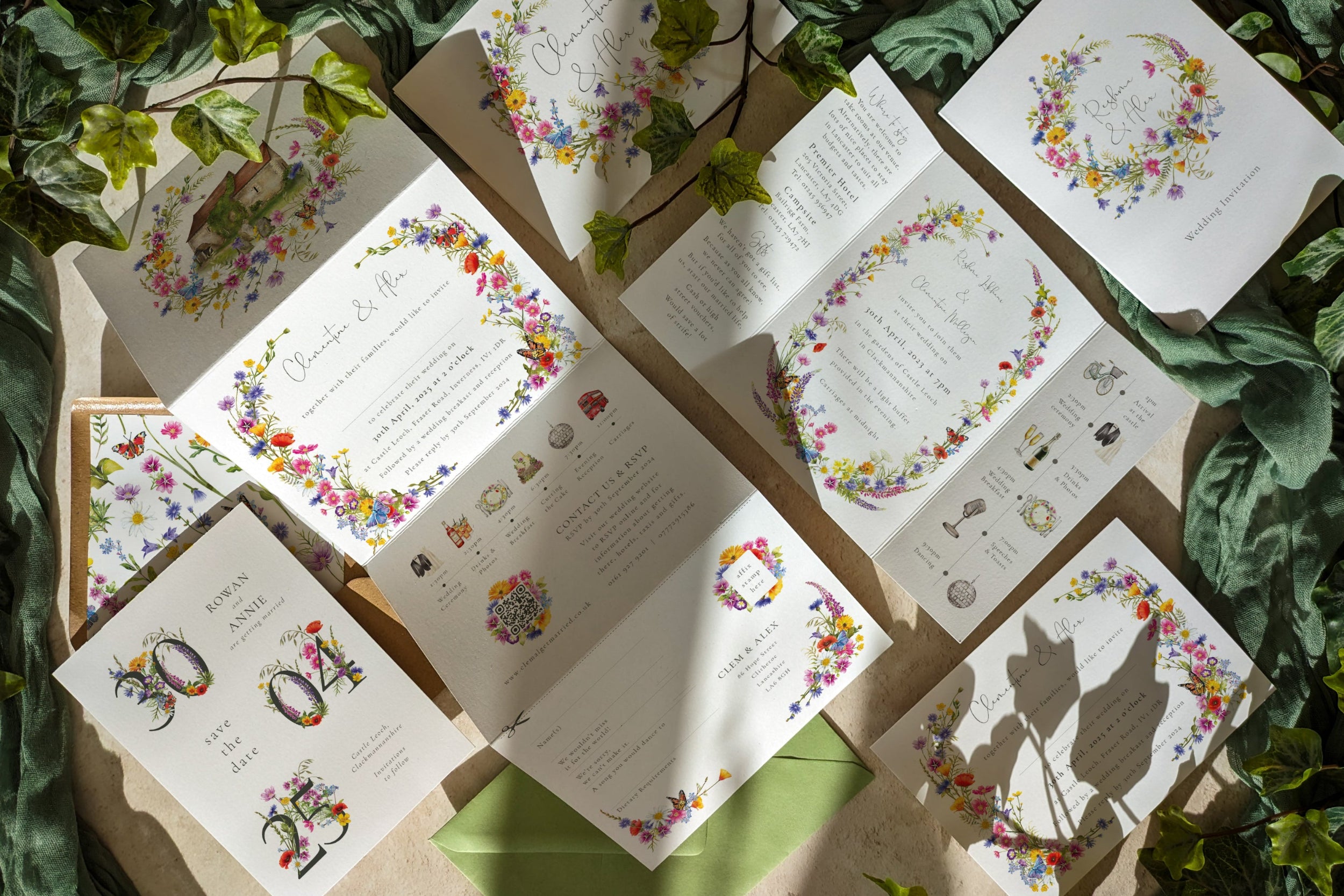 Set of floral and nature-themed wedding invitation cards on a leafy background