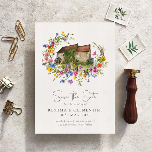 Wildflower Save The Date Cards with Optional Venue Painting
