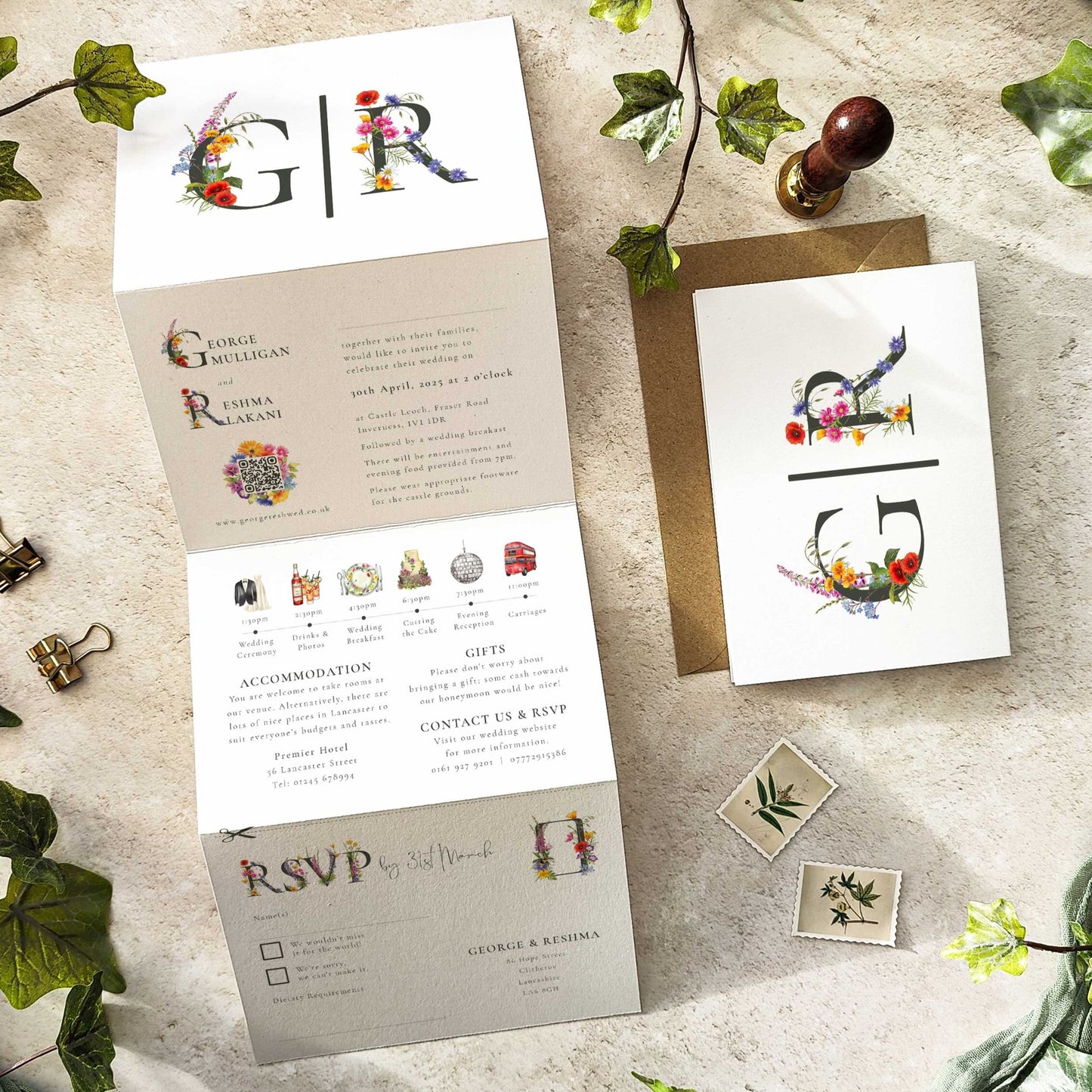 Wildflower Wedding Invitation with Couple's Initials