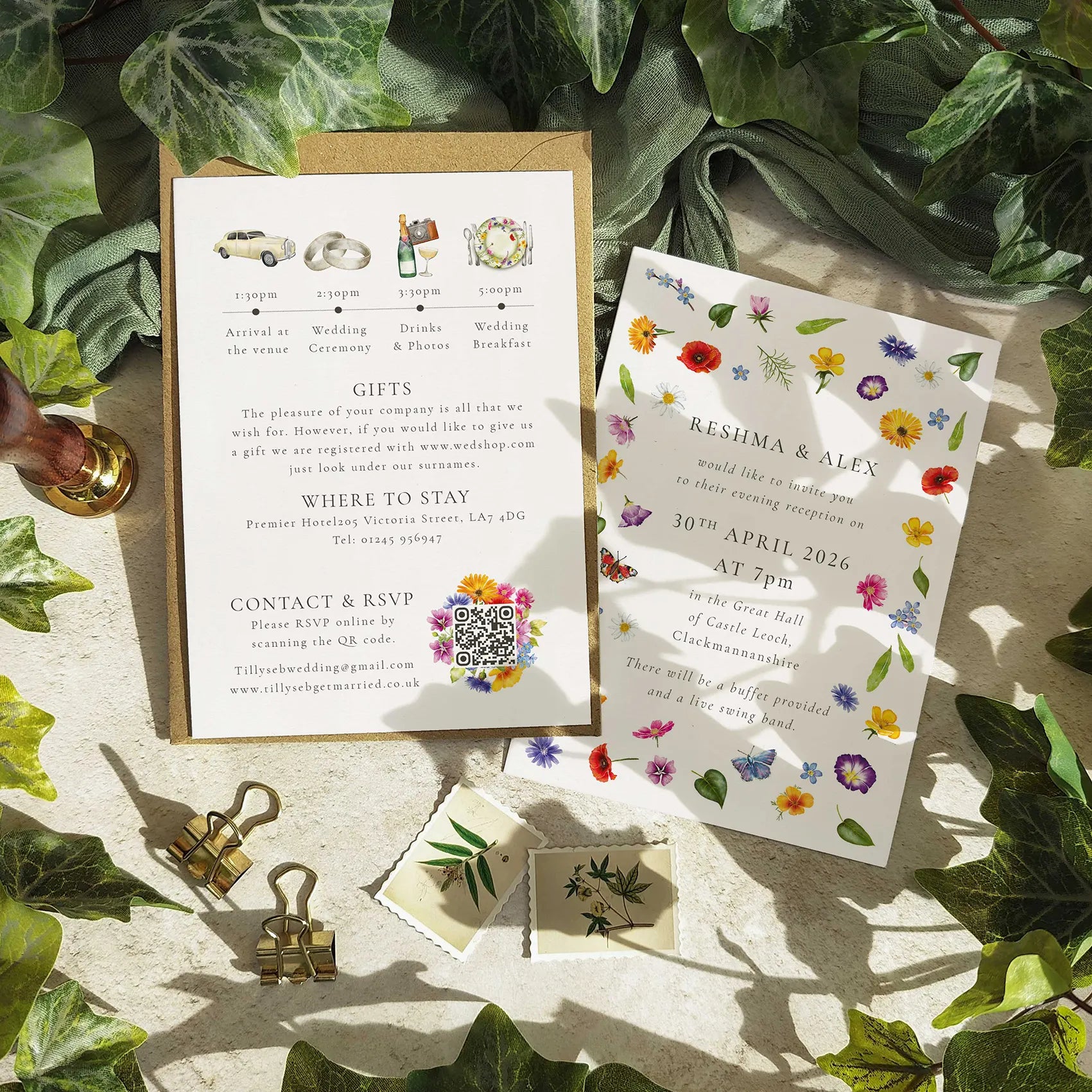 Wedding invitation with QR code, stationery items, and floral design on a leafy background