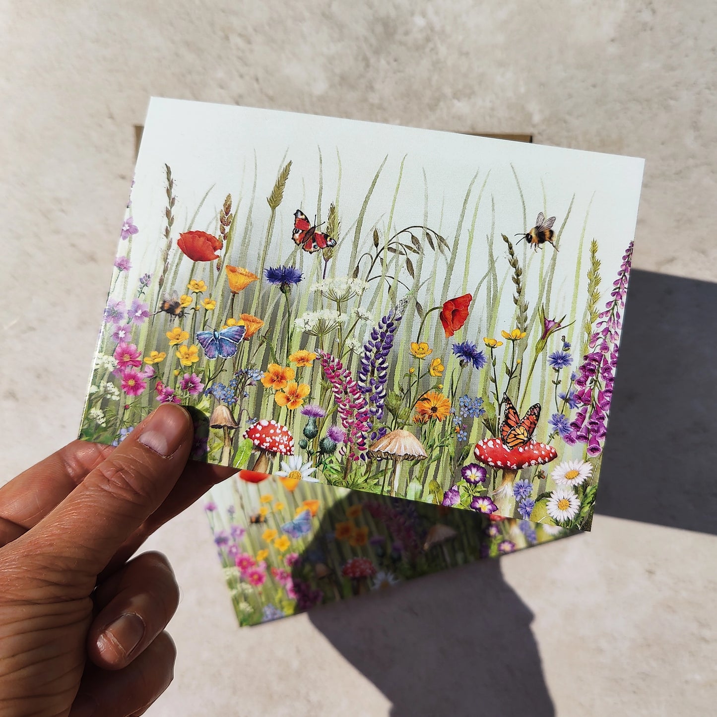 Hand holding a card with a colorful illustration of flowers, butterflies, and mushrooms.