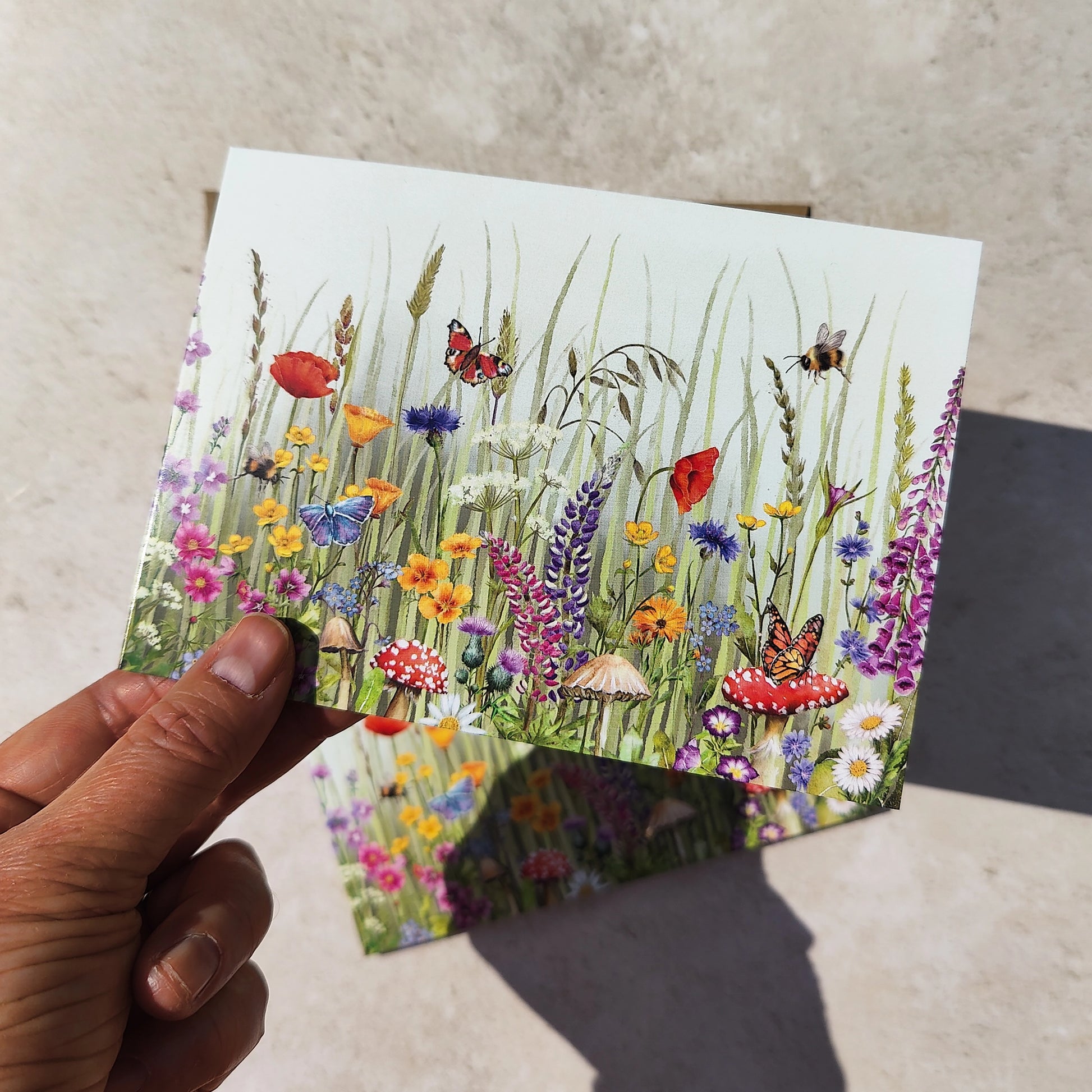 Hand holding a card with a colorful illustration of flowers, butterflies, and mushrooms.