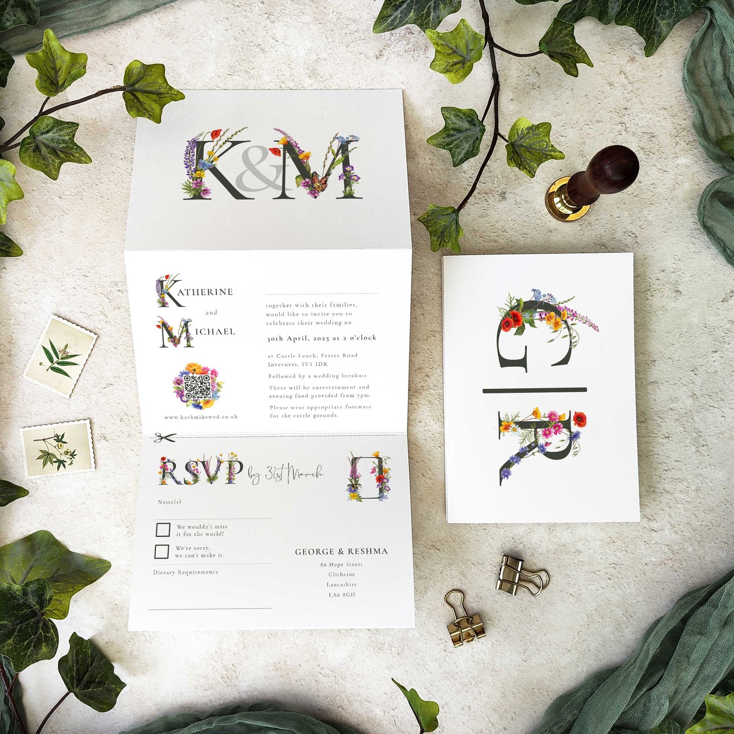 Wildflower Wedding Invitation with Couple's Initials