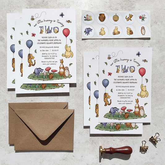 10 x Winnie the Pooh Personalised Birthday Party Invitations and Envelopes