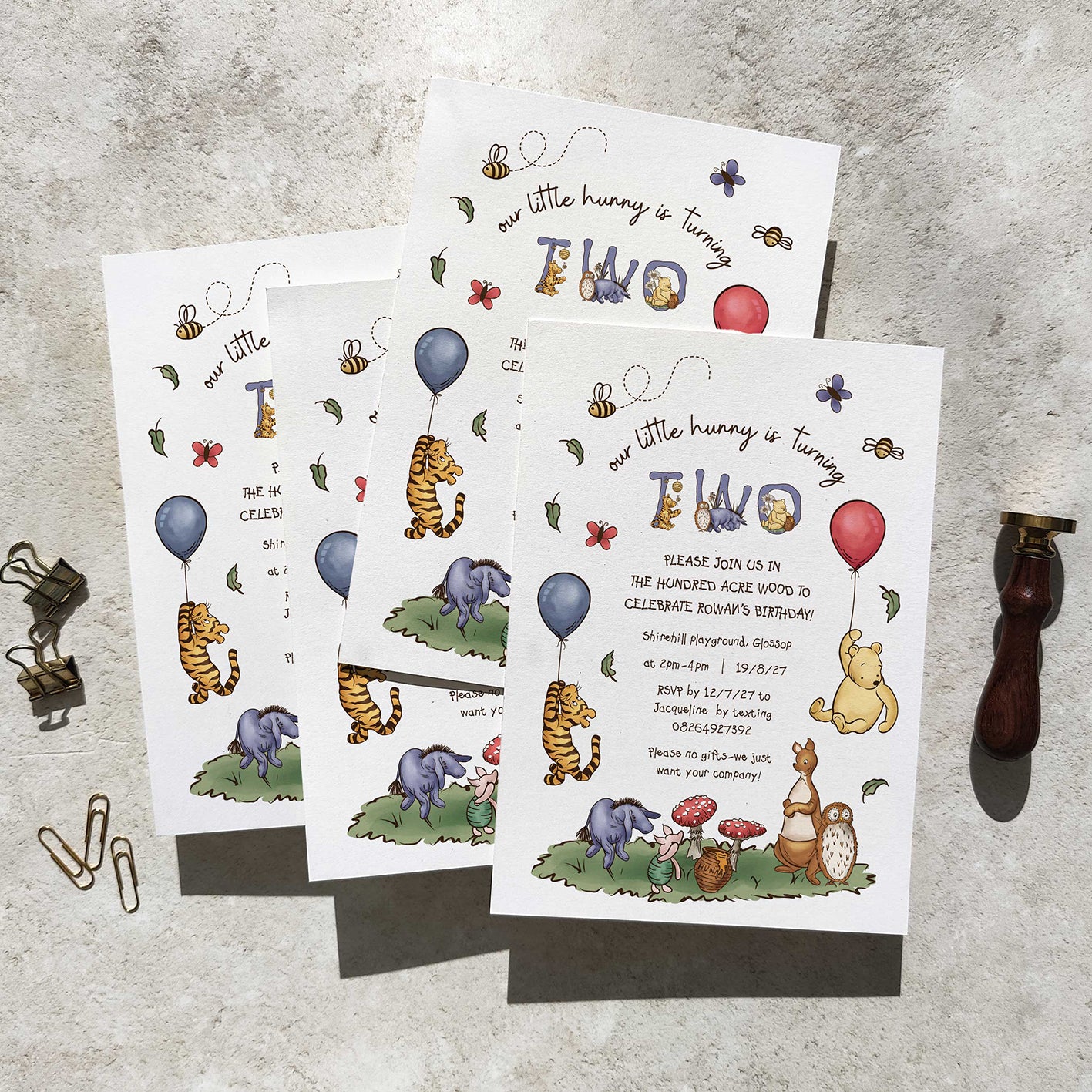10 x Winnie the Pooh Personalised Birthday Party Invitations and Envelopes