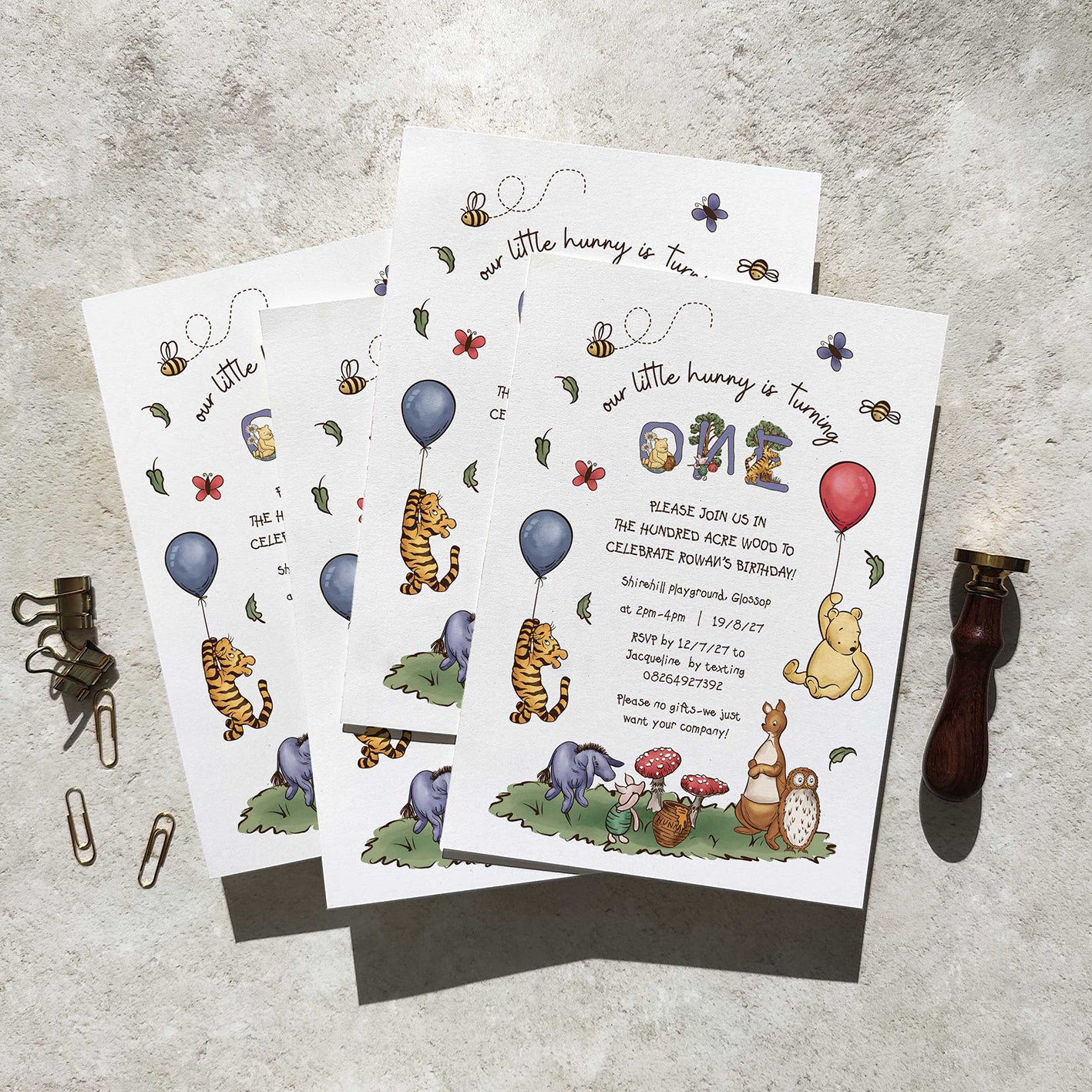 10 x Winnie the Pooh Personalised Birthday Party Invitations and Envelopes