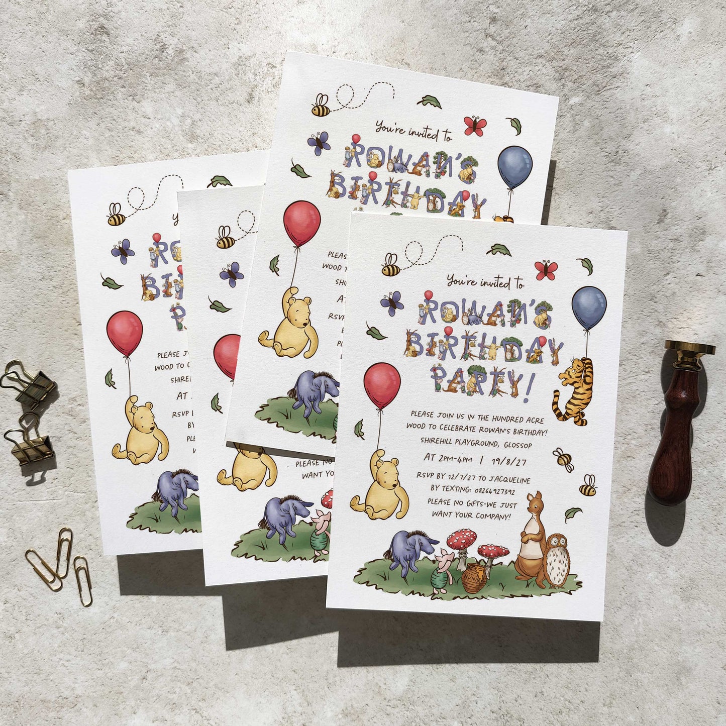 10 x Winnie the Pooh Personalised Birthday Party Invitations and Envelopes