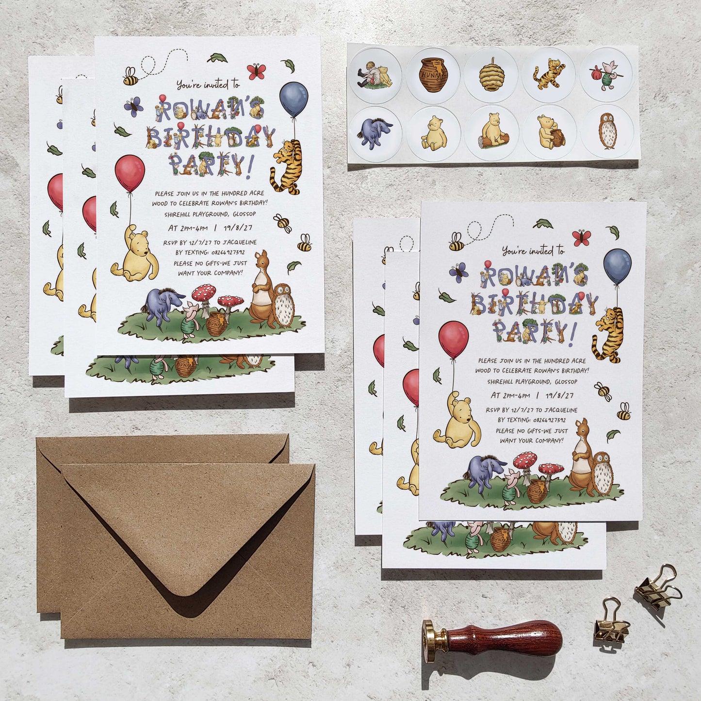 10 x Winnie the Pooh Personalised Birthday Party Invitations and Envelopes
