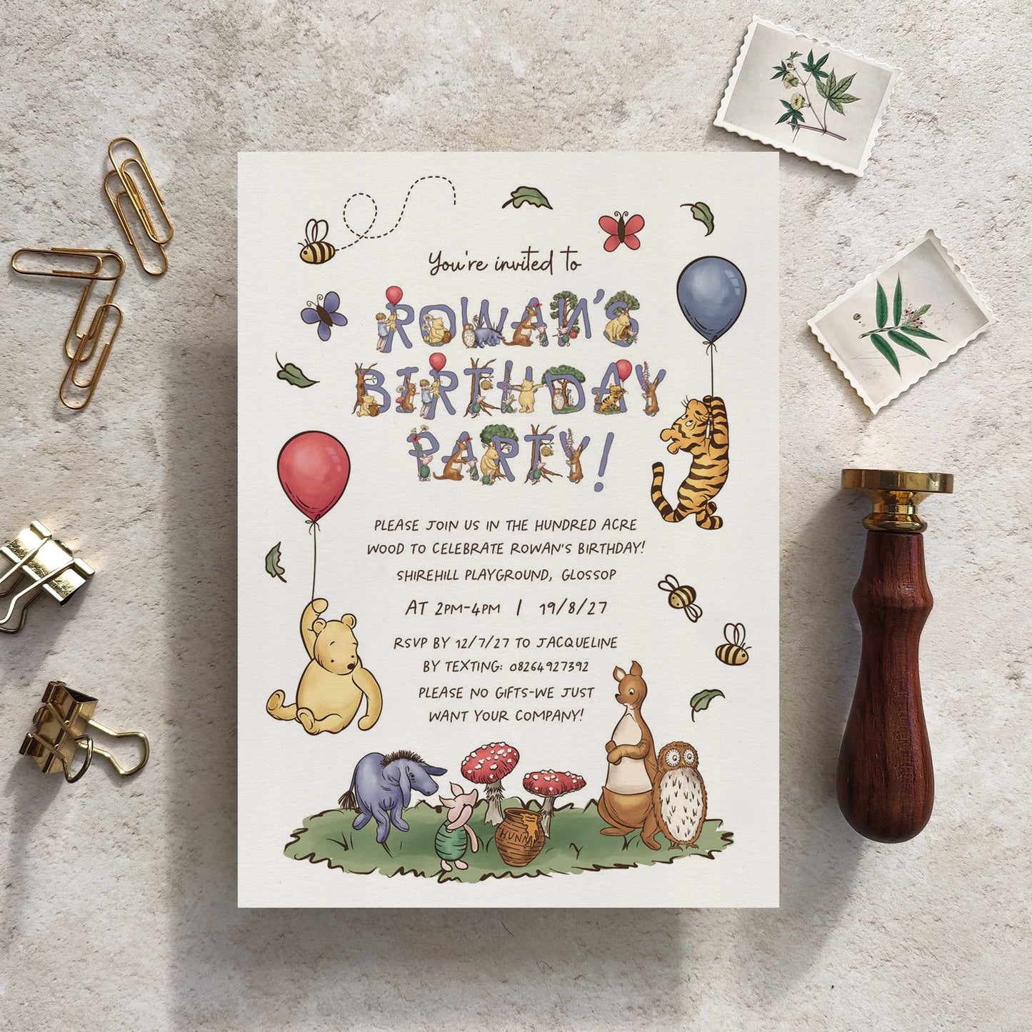 10 x Winnie the Pooh Personalised Birthday Party Invitations and Envelopes