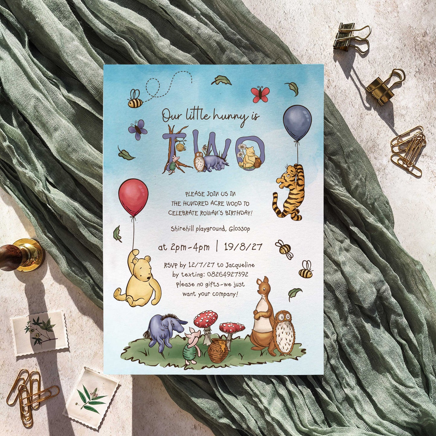Winnie the Pooh Balloon Party Invitation Digital File