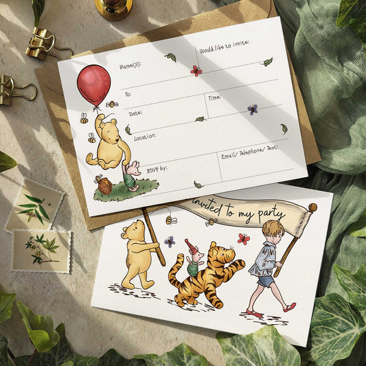 10 x Winnie the Pooh Banner Ready To Write Birthday Party Invitations and Envelopes