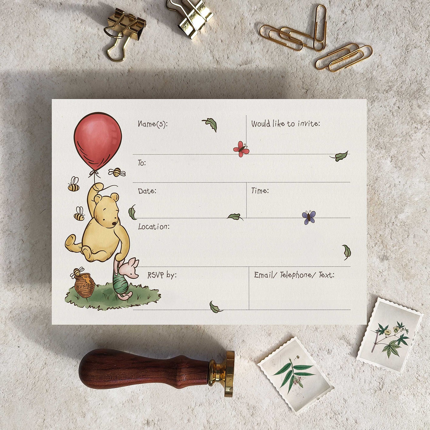 10 x Winnie the Pooh Banner Ready To Write Birthday Party Invitations and Envelopes