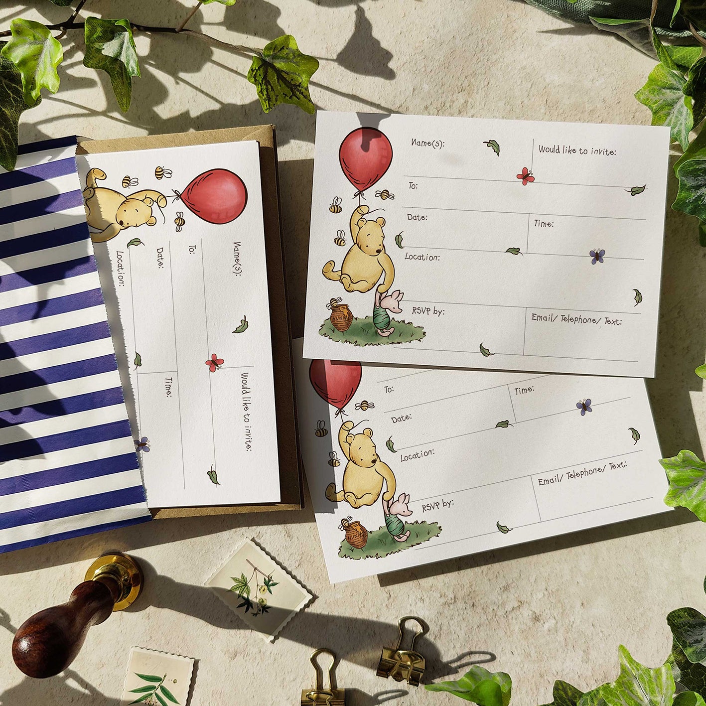 10 x Winnie the Pooh Banner Ready To Write Birthday Party Invitations and Envelopes