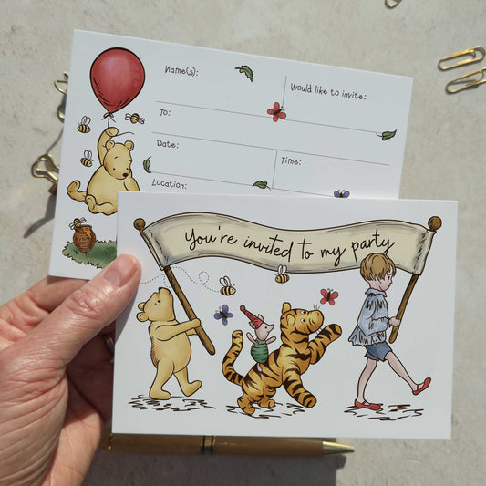 10 x Winnie Banner Ready To Write Birthday Party Invitations and Envelopes