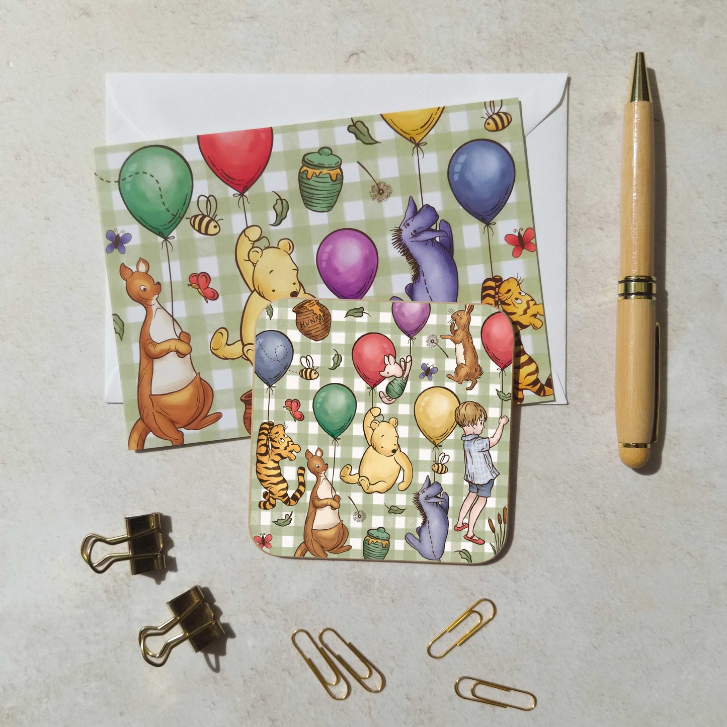 Winnie Check Patterned Coaster and Card Set | A.A. Milne Quote | Gloss MDF Drinks Mat