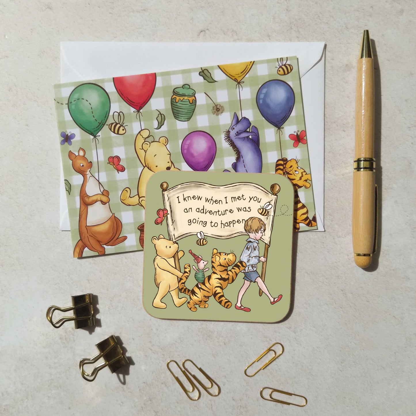 Green Winnie Adventure Coaster and Card Set | A.A. Milne Quote | Gloss MDF Drinks Mat