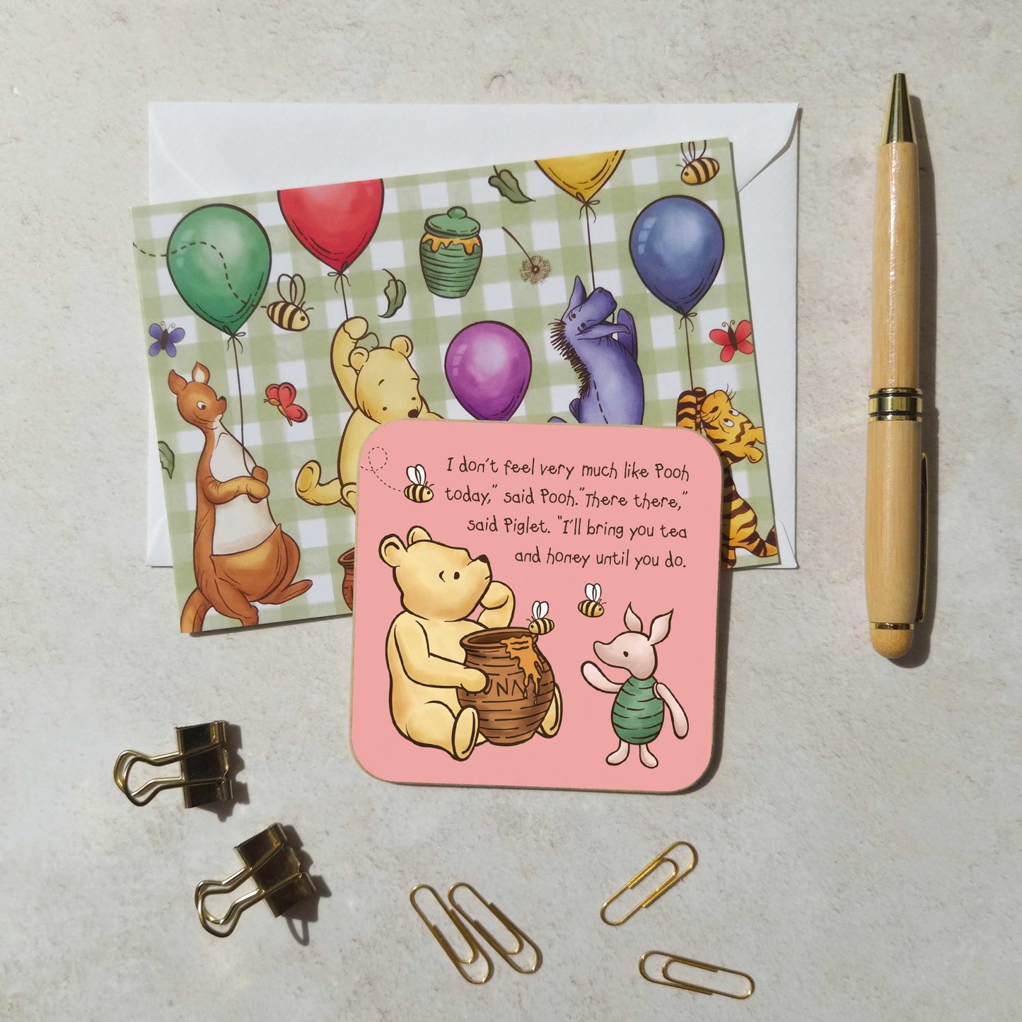 Pink Winnie Cheer Up Coaster and Card Set | A.A. Milne Quote | Gloss MDF Drinks Mat