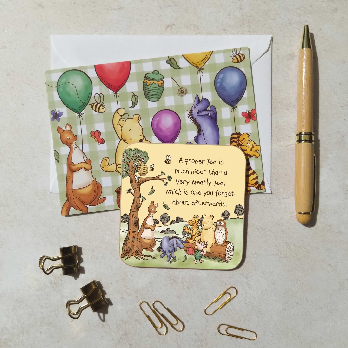 Yellow Winnie Coaster and Card Set | A.A. Milne Quote | Gloss MDF Drinks Mat featuring a 'Proper Tea'