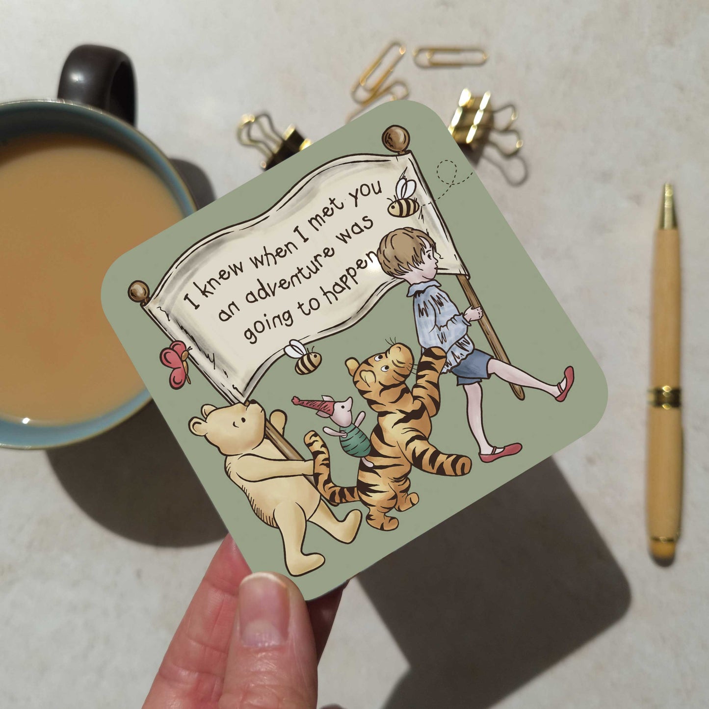 Green Winnie Adventure Coaster and Card Set | A.A. Milne Quote | Gloss MDF Drinks Mat
